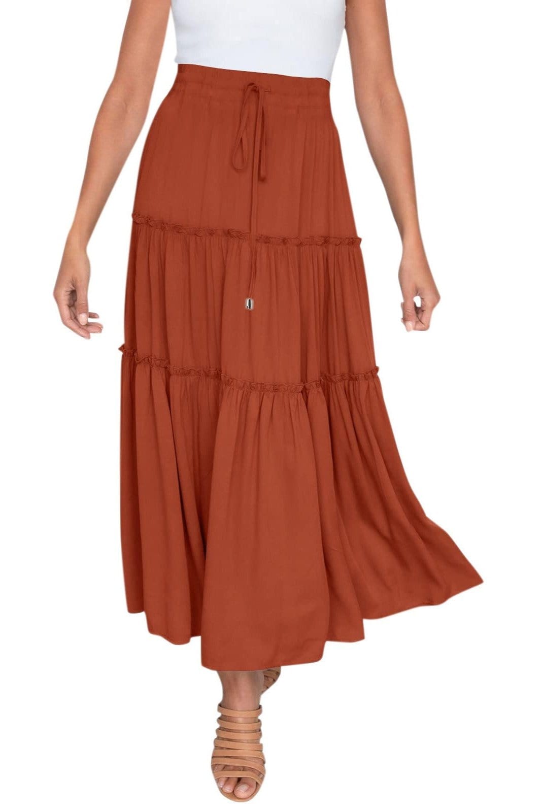 Jupe Longue à Volants Plissés Terracotta