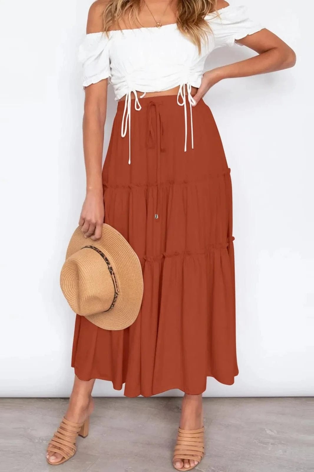 Jupe Longue à Volants Plissés Terracotta
